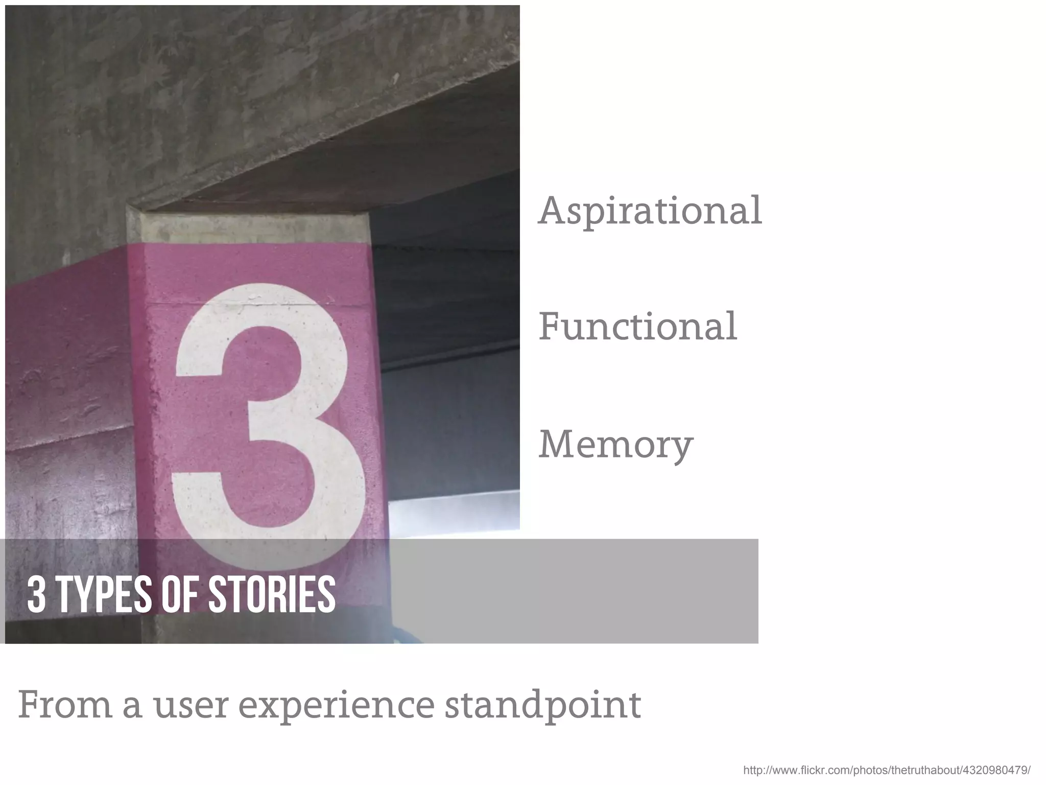 Aspirational

                           Functional

                           Memory


3 types of stories

From a user experience standpoint
                                        http://www.flickr.com/photos/thetruthabout/4320980479/
 