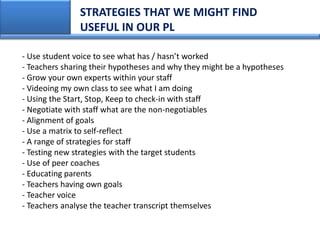 STRATEGIES THAT WE MIGHT FIND
               USEFUL IN OUR PL

- Use student voice to see what has / hasn’t worked
- Teachers sharing their hypotheses and why they might be a hypotheses
- Grow your own experts within your staff
- Videoing my own class to see what I am doing
- Using the Start, Stop, Keep to check-in with staff
- Negotiate with staff what are the non-negotiables
- Alignment of goals
- Use a matrix to self-reflect
- A range of strategies for staff
- Testing new strategies with the target students
- Use of peer coaches
- Educating parents
- Teachers having own goals
- Teacher voice
- Teachers analyse the teacher transcript themselves
 