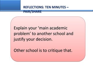 REFLECTIONS: TEN MINUTES –
     PAIR/SHARE



Explain your ‘main academic
problem’ to another school and
justify your decision.

Other school is to critique that.
 