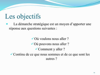 Les objectifs
 La démarche stratégique est un moyen d’apporter une
réponse aux questions suivantes :
Où voulons nous aller ?
Où pouvons nous aller ?
Comment y aller ?
Continu de ce que nous sommes et de ce que sont les
autres ?
10
 