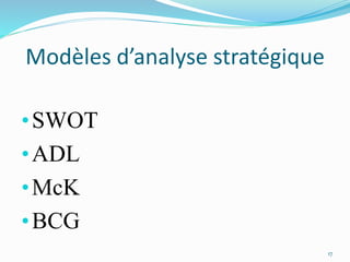 Modèles d’analyse stratégique
•SWOT
•ADL
•McK
•BCG
17
 