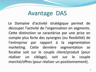 Avantage DAS
Le Domaine d'activité stratégique permet de
découper l'activité de l'organisation en segments.
Cette distinction se caractérise par une prise en
compte plus forte des synergies (ou flexibilité) de
l'entreprise par rapport à la segmentation
marketing. Cette dernière segmentation se
focalise soit sur le couple client/produit (pour
réaliser un ciblage), soit sur le couple
marché/offres (pour réaliser un positionnement).
23
 