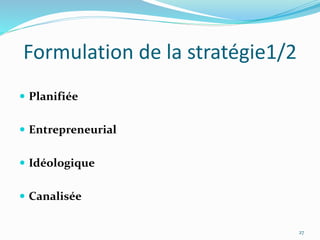 Formulation de la stratégie1/2
 Planifiée
 Entrepreneurial
 Idéologique
 Canalisée
27
 