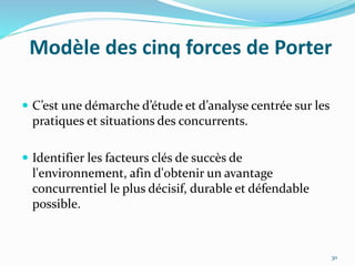 Modèle des cinq forces de Porter
 C’est une démarche d’étude et d’analyse centrée sur les
pratiques et situations des concurrents.
 Identifier les facteurs clés de succès de
l'environnement, afin d'obtenir un avantage
concurrentiel le plus décisif, durable et défendable
possible.
30
 