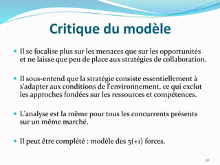 Critique du modèle
 Il se focalise plus sur les menaces que sur les opportunités
et ne laisse que peu de place aux stratégies de collaboration.
 Il sous-entend que la stratégie consiste essentiellement à
s'adapter aux conditions de l'environnement, ce qui exclut
les approches fondées sur les ressources et compétences.
 L'analyse est la même pour tous les concurrents présents
sur un même marché.
 Il peut être complété : modèle des 5(+1) forces.
32
 