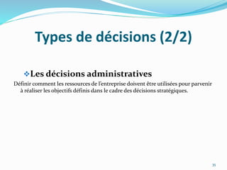 Types de décisions (2/2)
Les décisions administratives
Définir comment les ressources de l’entreprise doivent être utilisées pour parvenir
à réaliser les objectifs définis dans le cadre des décisions stratégiques.
35
 