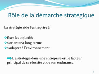 Rôle de la démarche stratégique
La stratégie aide l'entreprise à :
fixer les objectifs
s'orienter à long terme
s'adapter à l'environnement
L a stratégie dans une entreprise est le facteur
principal de sa réussite et de son endurance.
9
 