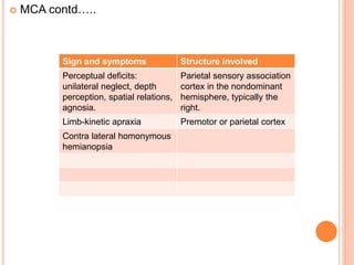  MCA contd…..
Sign and symptoms Structure involved
Perceptual deficits:
unilateral neglect, depth
perception, spatial relations,
agnosia.
Parietal sensory association
cortex in the nondominant
hemisphere, typically the
right.
Limb-kinetic apraxia Premotor or parietal cortex
Contra lateral homonymous
hemianopsia
 