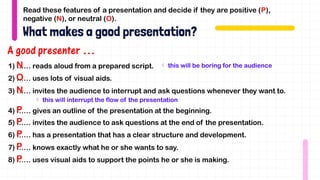 Read these features of a presentation and decide if they are positive (P),
negative (N), or neutral (O).
1) …… reads aloud from a prepared script.
N
2) …… uses lots of visual aids.
O
3) …… invites the audience to interrupt and ask questions whenever they want to.
N
4) …… gives an outline of the presentation at the beginning.
P
5) …… invites the audience to ask questions at the end of the presentation.
P
6) …… has a presentation that has a clear structure and development.
P
7) …… knows exactly what he or she wants to say.
P
8) …… uses visual aids to support the points he or she is making.
P
 this will be boring for the audience
 this will interrupt the flow of the presentation
 