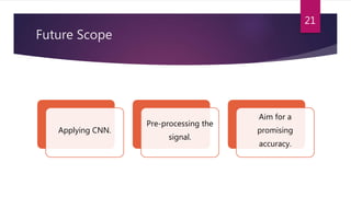 Future Scope
Applying CNN.
Pre-processing the
signal.
Aim for a
promising
accuracy.
21
 