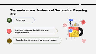 The main seven features of Succession Planning
are:
Coverage
Balance between individuals and
organisations
Broadening experience by lateral moves
01
02
03
 