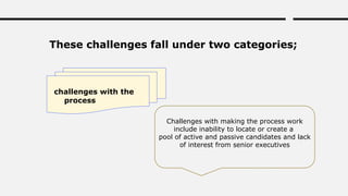 These challenges fall under two categories;
challenges with the
process
Challenges with making the process work
include inability to locate or create a
pool of active and passive candidates and lack
of interest from senior executives
 