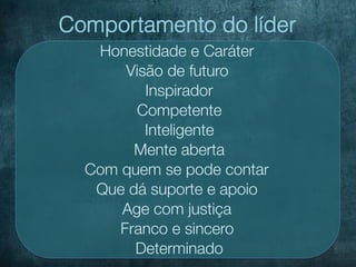 Comportamento do líder
   Honestidade e Caráter
       Visão de futuro
          Inspirador
         Competente
          Inteligente
        Mente aberta
  Com quem se pode contar
   Que dá suporte e apoio
      Age com justiça
      Franco e sincero
        Determinado
 