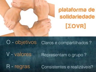 plataforma de
                         solidariedade
                            [ΣOVR] 	
  

O - objetivos Claros e compartilhados ?

V - valores     Representam o grupo ?

R - regras      Consistentes e realizáveis?
 