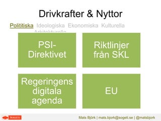Drivkrafter & Nyttor
Polititiska Ideologiska Ekonomiska Kulturella
Arkitekturella

PSIDirektivet

Riktlinjer
från SKL

Reg...
