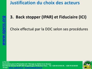 Justification du choix des acteurs
3. Back stopper (IPAR) et Fiduciaire (ICI)
Choix effectué par la DDC selon ses procédur...