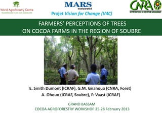 FARMERS’ PERCEPTIONS OF TREES
ON COCOA FARMS IN THE REGION OF SOUBRE

E. Smith Dumont (ICRAF), G.M. Gnahoua (CNRA, Foret)
A. Ohouo (ICRAF, Soubre), P. Vaast (ICRAF)
GRAND BASSAM
COCOA AGROFORESTRY WORKSHOP 25-28 February 2013

 