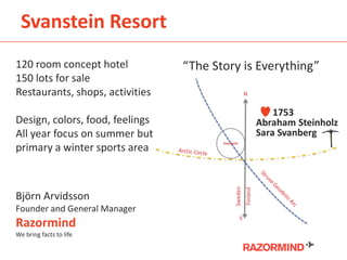 Svanstein Resort
120 room concept hotel
150 lots for sale
Restaurants, shops, activities
Design, colors, food, feelings
All year focus on summer but
primary a winter sports area
Björn Arvidsson
Founder and General Manager
Razormind
We bring facts to life
“The Story is Everything”
 
