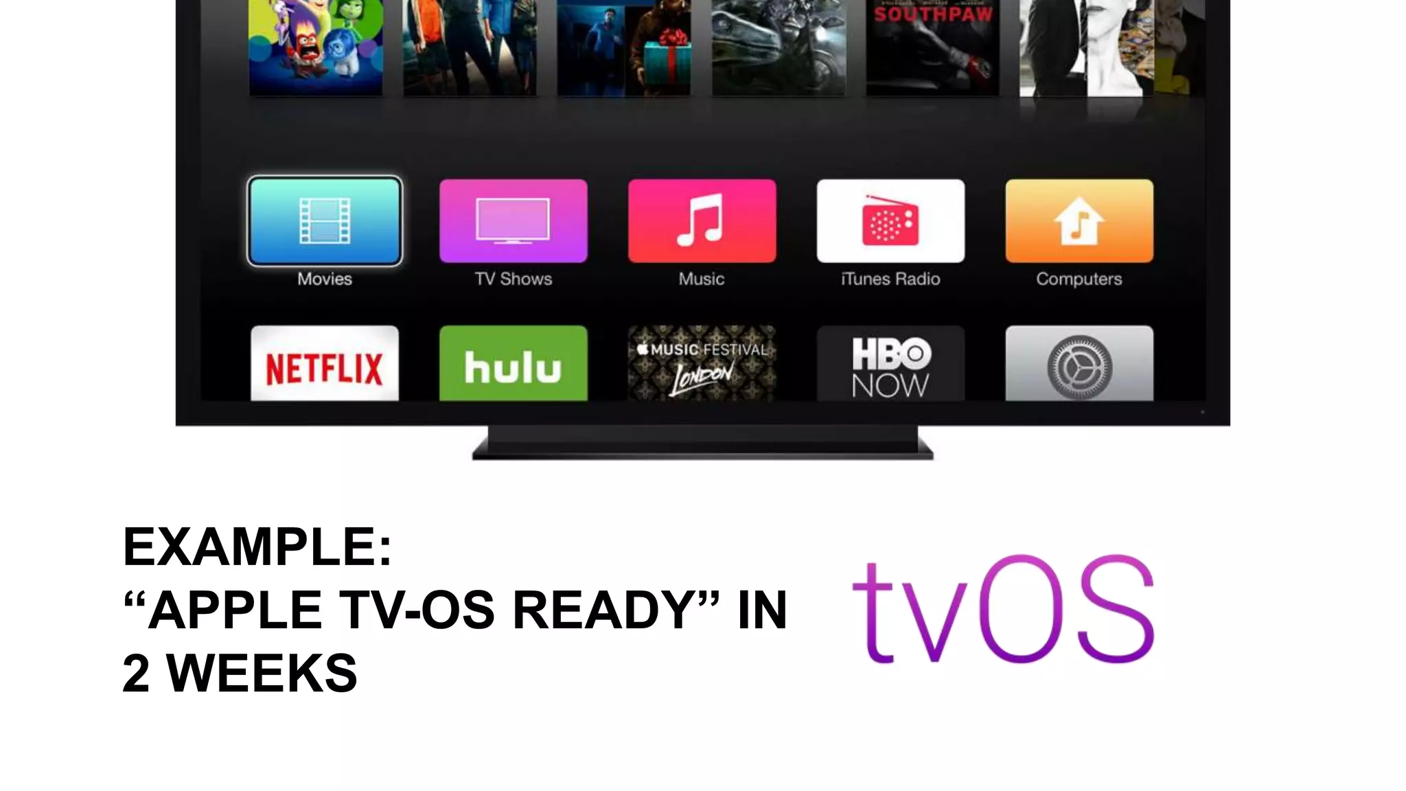 EXAMPLE:
“APPLE TV-OS READY” IN
2 WEEKS
 
