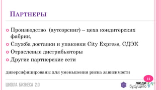 ПАРТНЕРЫ
Производство (аутсорсинг) – цеха кондитерских
фабрик,
 Служба доставки и упаковки City Express, СДЭК
 Отраслевые дистрибьюторы
 Другие партнерские сети


диверсифицированы для уменьшения риска зависимости
12

 