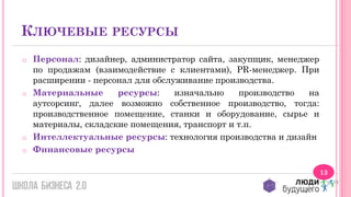 КЛЮЧЕВЫЕ РЕСУРСЫ
o

o

o
o

Персонал: дизайнер, администратор сайта, закупщик, менеджер
по продажам (взаимодействие с клиентами), PR-менеджер. При
расширении - персонал для обслуживание производства.
Материальные
ресурсы:
изначально
производство
на
аутсорсинг, далее возможно собственное производство, тогда:
производственное помещение, станки и оборудование, сырье и
материалы, складские помещения, транспорт и т.п.
Интеллектуальные ресурсы: технология производства и дизайн
Финансовые ресурсы
13

 