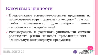 КЛЮЧЕВЫЕ ЦЕННОСТИ




Предоставлять высококачественную продукцию из
первосортного сырья оригинального дизайна с тем,
чтобы
максимально
удовлетворить
самых
взыскательных потребителей.
Разнообразить и развивать уникальный сегмент
российского рынка пищевой промышленности –
алкогольную кондитерскую продукцию
16

 