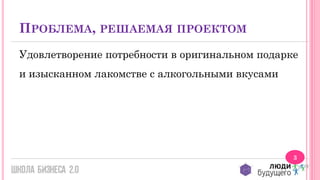ПРОБЛЕМА, РЕШАЕМАЯ ПРОЕКТОМ
Удовлетворение потребности в оригинальном подарке
и изысканном лакомстве с алкогольными вкусами

3

 