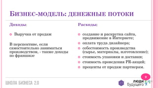 БИЗНЕС-МОДЕЛЬ: ДЕНЕЖНЫЕ ПОТОКИ
Доходы:


Выручка от продаж

В перспективе, если
самостоятельно заниматься
производством, - также доходы
по франшизе

Расходы:







создание и раскрутка сайта,
продвижение в Интернете;
оплата труда дизайнера;
себестоимость производства
(сырье, материалы, изготовление);
стоимость упаковки и доставки;
стоимость проведения PR-акций;
проценты от продаж партнерам.
9

 