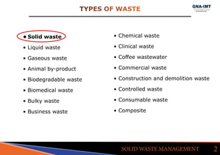 •	Solid waste
•	Liquid waste
•	Gaseous waste
•	Animal by-product
•	Biodegradable waste
•	Biomedical waste
•	Bulky waste
•	Business waste
TYPES OF WASTE
2SOLID WASTE MANAGEMENT
•	Chemical waste
•	Clinical waste
•	Coffee wastewater
•	Commercial waste
•	Construction and demolition waste
•	Controlled waste
•	Consumable waste
•	Composite
 