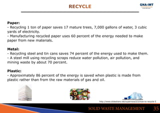 RECYCLE
35SOLID WASTE MANAGEMENT
Paper:
- Recycling 1 ton of paper saves 17 mature trees, 7,000 gallons of water, 3 cubic
yards of electricity.
- Manufacturing recycled paper uses 60 percent of the energy needed to make
paper from new materials.
Metal:
- Recycling steel and tin cans saves 74 percent of the energy used to make them.
- A steel mill using recycling scraps reduce water pollution, air pollution, and
mining waste by about 70 percent.
Plastic:
- Approximately 86 percent of the energy is saved when plastic is made from
plastic rather than from the raw materials of gas and oil.
http://www.slideshare.net/supernova323/how-to-recycle-5
 