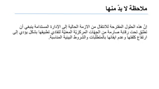 ‫ًمىهب‬ّ‫ذ‬‫مالحظتًلًب‬
‫أن‬ ً‫ٌنبغ‬ ‫المستدامة‬ ‫اإلدارة‬ ‫إلى‬ ‫الحالٌة‬ ‫االزمة‬ ‫من‬ ‫لالنتقال‬ ‫المقترحة‬ ‫الحلول‬ ‫هذه‬ ّ‫إن‬
‫إلى‬ ‫ٌإدي‬ ‫بشكل‬ ‫تطبٌقها‬ ‫لتفادي‬ ‫ّة‬ٌ‫المعن‬ ‫ّة‬ٌ‫المركز‬ ‫ات‬ّ‫ه‬‫الج‬ ‫من‬ ‫صارمة‬ ‫رقابة‬ ‫تحت‬ ‫ّق‬‫ب‬‫تط‬
‫المناسبة‬ ‫البٌئٌة‬ ‫والشروط‬ ‫بات‬ّ‫بالمتطل‬ ‫اٌفائها‬ ‫وعدم‬ ‫كلفتها‬ ‫ارتفاع‬.
 