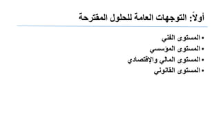 ً‫ا‬‫ل‬‫أو‬:‫التىجهبثًالعبمتًللحلىلًالمقتزحت‬
•‫المستوى‬ً‫الفن‬
•‫المستوى‬ً‫المؤسس‬
•ً‫المال‬ ‫المستوى‬‫واإللتصادي‬
•ً‫المانون‬ ‫المستوى‬
 