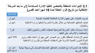 2.1‫المستدامة‬ ‫اإلدارة‬ ‫لتنفٌذ‬ ‫بالتحضٌر‬ ‫المتعلمة‬ ‫اإلجراءات‬(‫المرحلة‬ ‫بعد‬ ‫ما‬ ‫أي‬
‫لمدة‬ ‫الخطة‬ ‫الرار‬ ‫تارٌخ‬ ‫من‬ ‫اإلنتمالٌة‬18‫الصى‬ ‫كحد‬ ‫ا‬‫ا‬‫شهر‬)
‫الزمنٌة‬ ‫المدة‬
‫شهران‬ ‫الصلبة‬ ‫للنفاٌات‬ ‫المتكاملة‬ ‫اإلدارة‬ ‫مفهوم‬ ‫على‬ ‫ّات‬ٌ‫البلد‬ ‫تدرٌب‬
‫شهران‬ ‫الداخلٌة‬ ‫وزارة‬ ‫قها‬ّ‫س‬‫تن‬ ‫تشاورٌة‬ ‫مقاربة‬ ‫خالل‬ ‫من‬ ‫الخدماتٌة‬ ‫المناطق‬ ‫تحدٌد‬
‫ّات‬ٌ‫والبلد‬
‫فورا‬ ،‫والنقل‬ ‫والجمع‬ ‫الكنس‬ ‫ّات‬ٌ‫لعمل‬ ‫ّة‬ٌ‫النموذج‬ ‫الشروط‬ ‫دفاتر‬ ‫ات‬ّ‫د‬‫مسو‬ ‫إعداد‬
‫التنفٌذ‬ ‫على‬ ‫واإلشراف‬ ،‫والمعالجة‬
‫أشهر‬ ‫ثالثة‬ ‫وزٌر‬ ‫مكتب‬ ‫ها‬ّ‫د‬‫أع‬ ‫أن‬ ‫سبق‬ ً‫الت‬ ‫المصدر‬ ‫من‬ ‫بالفرز‬ ‫قة‬ّ‫المتعل‬ ‫اإلرشادات‬ ‫تعمٌم‬
‫الداخلٌة‬ ‫وزارة‬ ‫قبل‬ ‫من‬ ‫ّة‬ٌ‫المحل‬ ‫السلطات‬ ‫على‬ ‫اإلدارٌة‬ ‫التنمٌة‬ ‫لشإون‬ ‫الدولة‬
‫والبلدٌات‬.
‫من‬ ‫شهر‬
‫التبلٌغ‬ ‫تارٌخ‬
‫نهائٌة‬ ‫صٌغة‬ ‫إلى‬ ‫ل‬ّ‫ص‬‫للتو‬ ‫الخدماتٌة‬ ‫والمناطق‬ ‫ّات‬ٌ‫البلد‬ ‫مع‬ ‫ات‬ّ‫د‬‫المسو‬ ‫هذه‬ ‫مناقشة‬
‫الشروط‬ ‫لدفاتر‬
 