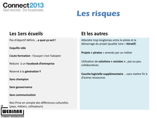 Les risques

Les 1ers écueils                                   Et les autres
Pas d’objectif définis …a quoi ça sert?            Attendre trop longtemps entre le pilote et le
                                                   démarrage du projet (qualité 1ere = itératif)
Coquille vide
                                                   Projets « pirates » amenés par un métier
L’auto formation : l’essayer c’est l’adopter
                                                   Utilisation de solutions « sociales » , pas ou peu
Réduire à un Facebook d’entreprise                 collaboratives

Réservé à la génération Y
                                                   Couche logicielle supplémentaire …sans mettre fin à
                                                   d’autres ressources
Sans champion

Sans gouvernance

Sans communication

Non Prise en compte des différences culturelles
(pays, métiers, utilisateurs)
 