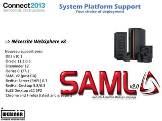 System Platform Support
                                           Your choice of deployment




=> Nécessite WebSphere v8
Nouveau support avec:
DB2 v10.1
Oracle 11.2.0.3
Siteminder 12
iSeries 6.1/7.1
SAML v2 (post GA)
RedHat Server (RHEL) 6.3
RedHat Desktop 5.8/6.3
SuSE Desktop v11 SP2
Chrome and Firefox (latest and greatest)
 