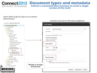 Document types and metadata
                                          Enforce a consistent data structure to create a single
                                                           version of the truth



L’admin définit et gère les types via une interface
d’administration
                                                               L’utilisateur final saisi les informations obligatoires




                                      Héritage sur les types
                                         de documents
 