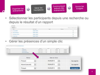 • Sélectionner les participants depuis une recherche ou
depuis le résultat d’un rapport
• Gérer les présences d’un simple clic
4
 