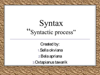 Syntax
“Syntactic process”
Created by:
1.Sellaokviana
2.Belaapriana
3.Oxtapianustawarik
 
