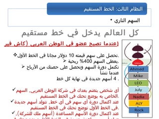 • ‫الناري‬ ‫السهم‬
:‫المستقيم‬ ‫الخط‬ ‫الثالث‬ ‫النظام‬
‫مستقيم‬ ‫خط‬ ‫في‬ ‫يدخل‬ ‫العالم‬ ‫كل‬
)‫فير‬ ‫كاش‬ ‫العربي‬ ‫الوطن‬ ‫في‬ ‫عضو‬ ‫تصبح‬ ‫عندما‬)
 ‫قيمته‬ ‫سهم‬ ‫علي‬ ‫تحصل‬10‫الول‬ ‫الخط‬ ‫في‬ ‫مجانا‬ ‫دولر‬ .
 ‫السهم‬ ‫يعطي‬400‫ربحية‬ % .
 ‫الرباح‬ ‫من‬ ‫حصتك‬ ‫علي‬ ‫وتحصل‬ ‫السهم‬ ‫دورة‬ ‫تكتمل‬
‫تنشأ‬ ‫عندما‬
4‫خط‬ ‫كل‬ ‫نهاية‬ ‫في‬ ‫جديدة‬ ‫أسهم‬ .
 ,‫السهم‬ ‫العربي‬ ‫الوطن‬ ‫شركة‬ ‫في‬ ‫بعدك‬ ‫ينضم‬ ‫شخص‬ ‫أي‬
‫المستقيم‬ ‫الخط‬ ‫في‬ ‫تحتك‬ ‫يوضع‬ ‫به‬ ‫.الخاص‬
 ,‫جديدة‬ ‫أسهم‬ ‫تتولد‬ ‫خط‬ ‫أي‬ ‫في‬ ‫سهم‬ ‫أي‬ ‫دورة‬ ‫اكتمال‬ ‫عند‬
‫المستقيم‬ ‫الخط‬ ‫في‬ ‫تحتك‬ ‫توضع‬ ‫الول‬ ‫الخط‬ ‫.في‬
,( )‫للشركة‬ ‫ملك‬ ‫أسهم‬ ‫المساعدة‬ ‫السهم‬ ‫دورة‬ ‫اكتمال‬ ‫عند‬
 