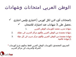 ‫وشهادات‬ ‫امتحانات‬ ‫العربي‬ ‫الوطن‬
 )‫اجباري‬ ‫وليس‬ ‫اختياري‬ ‫كورس‬ ‫لكل‬ ‫لين‬ ‫أون‬ ‫.)امتحانات‬
 ‫علي‬ ‫تحصل‬3‫للمتحان‬ ‫اجتيازك‬ ‫عند‬ ‫شهادات‬ .
1. ‫العربي‬ ‫الوطن‬ ‫لكورسات‬ ‫معتمد‬ ‫مدرب‬ ‫.شهادة‬
2. ‫دولتك‬ ‫في‬ ‫التدريب‬ ‫مراكز‬ ‫وأقوي‬ ‫العربي‬ ‫الوطن‬ ‫من‬ ‫معتمدة‬ ‫.شهادة‬
3. ‫دولة‬ ‫كل‬ ‫في‬ ‫تدريب‬ ‫مركز‬ ‫وأقوي‬ ‫العربي‬ ‫الوطن‬ ‫من‬ ‫معتمدة‬ ‫شهادة‬
)‫عالمية‬ ‫شهادة‬ ).
* ‫كورسات‬ ‫شرح‬ ‫يمكنهم‬ ‫فقط‬ ‫العربي‬ ‫الوطن‬ ‫لكورسات‬ ‫المعتمدون‬ ‫المدربون‬
‫التدريب‬ ‫مراكز‬ ‫في‬ ‫والتدريبات‬ ‫.الشركة‬
 