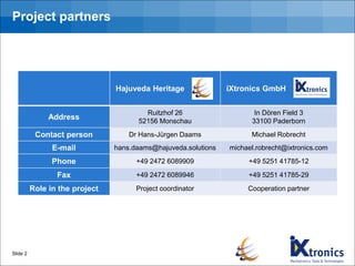 Project partners
Slide 2
Hajuveda Heritage iXtronics GmbH
Address
Ruitzhof 26
52156 Monschau
In Dören Field 3
33100 Paderborn
Contact person Dr Hans-Jürgen Daams Michael Robrecht
E-mail hans.daams@hajuveda.solutions michael.robrecht@ixtronics.com
Phone +49 2472 6089909 +49 5251 41785-12
Fax +49 2472 6089946 +49 5251 41785-29
Role in the project Project coordinator Cooperation partner
 