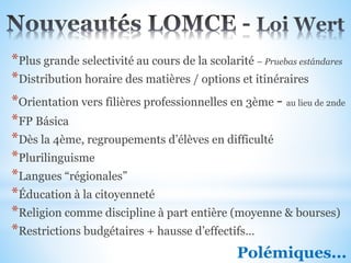 *Plus grande selectivité au cours de la scolarité – Pruebas estándares
*Distribution horaire des matières / options et itinéraires
*Orientation vers filières professionnelles en 3ème - au lieu de 2nde
*FP Básica
*Dès la 4ème, regroupements d’élèves en difficulté
*Plurilinguisme
*Langues “régionales”
*Éducation à la citoyenneté
*Religion comme discipline à part entière (moyenne & bourses)
*Restrictions budgétaires + hausse d’effectifs…
Polémiques...
 
