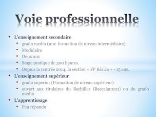 • L’enseignement secondaire
• grado medio (une formation de niveau intermédiaire)
• Modulaire
• Deux ans
• Stage pratique de 300 heures.
• Depuis la rentrée 2014, la section « FP Básica » - 15 ans.
• L’enseignement supérieur
• grado superior (Formation de niveau supérieur)
• ouvert aux titulaires du Bachiller (Baccalaureat) ou du grado
medio
• L’apprentissage
• Peu répandu
 