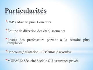 *CAP / Master puis Concours.
*Équipe de direction des établissements
*Postes des professeurs partant à la retraite plus
remplacés.
*Concours / Mutation … Trienios / sexenios
*MUFACE: Sécurité Sociale OU assurance privée.
 