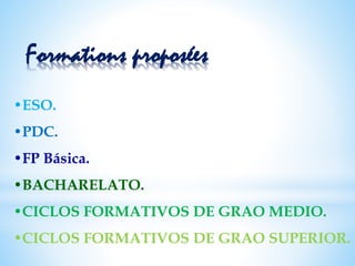 •ESO.
•PDC.
•FP Básica.
•BACHARELATO.
•CICLOS FORMATIVOS DE GRAO MEDIO.
•CICLOS FORMATIVOS DE GRAO SUPERIOR.
Formations proposées
 