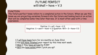 FUNCTION
The future perfect tense refers to a completed action in the future. When we use this
tense we are projecting ourselves forward into the future and looking back at an action
that will be completed some time later than now. It is most often used with a time
expression.
FUTURE PERFECT
will/shall + have + V.3
1.I will have been here for six months on June 23rd.
2.You will have finished your report by this time next week.
3.Won't they have arrived by 5:00?
4.Will you have eaten when I pick you up?
Positive: S + will + have + V.3
Negative: S + won’t + have+ V.3 Question: Will + S + have+ V.3
?
 