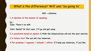 Will + infinitive
1.A decision at the moment of speaking.
Ex:
Julie: There's no milk.
John: Really? In that case, I'll go and get some.
2.A prediction based on opinion: I think the Conservatives will win the next election
3.A future fact: The sun will rise tomorrow.
4.For promises / requests / refusals / offers: I'll help you tomorrow, if you like.
What's the difference? ‘Will’ and 'be going to'
 