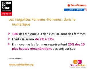 Les inégalités Femmes-Hommes, dans le
numérique
10% des diplômé-e-s dans les TIC sont des femmes
Ecarts salariaux de 7% à 37%
En moyenne les femmes représentent 20% des 10
plus hautes rémunérations des entreprises
(Source : Markess)
www.socialbuilder.org
 