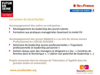 Les actions de Social Builder
Accompagnement des cadres en entreprises :
Développement du leadership des jeunes talents
Formation aux pratiques managériales favorisant la mixité FH
Accompagnement des jeunes diplômé-e-s au sein du réseau Jeunes
Professionnel-le-s SOCIAL BUILDER :
Séminaire de leadership Jeunes professionnelles « Trajectoire
professionnelle et leadership personnel »
Soirées réseau avec des managers et dirigeant-e-s (ex : « Carrières de
femmes dans le Numérique », « Libérer son potentiel de leadership »…)
Projets innovants dans le champs de l’éducation à l’égalité dans les
grandes écoles et universités
www.socialbuilder.org
 