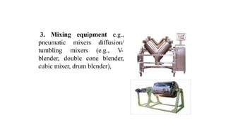 3. Mixing equipment e.g.,
pneumatic
tumbling
mixers diffusion/
mixers (e.g., V-
blender, double cone blender,
cubic mixer, drum blender),
 